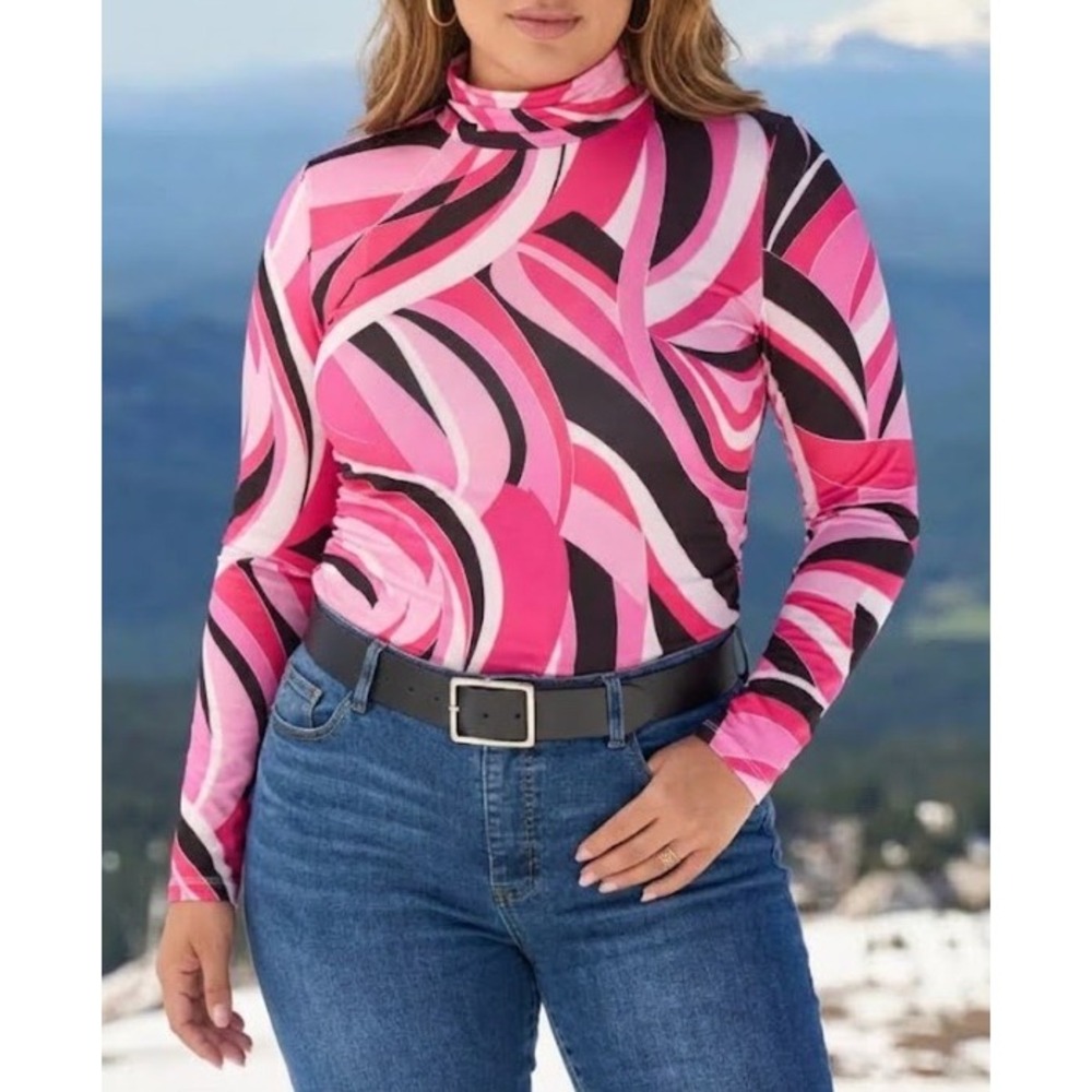 Boston Proper Top XL Pink Swirl Abstract Turtleneck Ruched Long Sleeve Knit